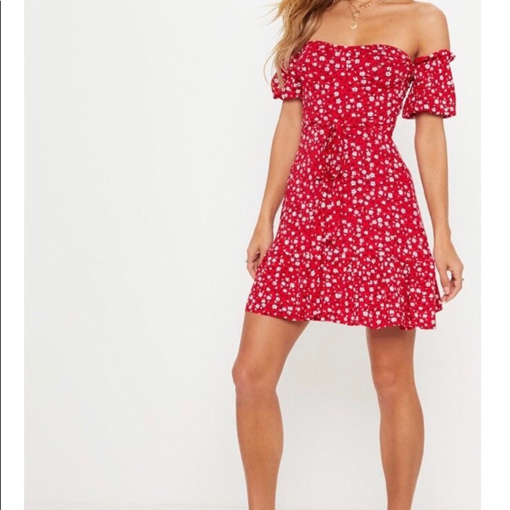 Red off the shoulder dress